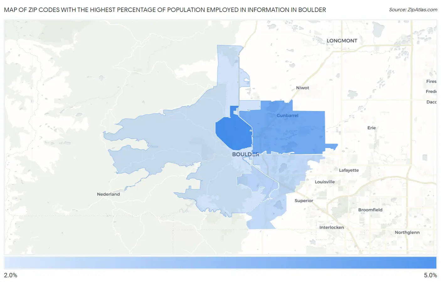 Zip Codes with the Highest Percentage of Population Employed in Information in Boulder Map
