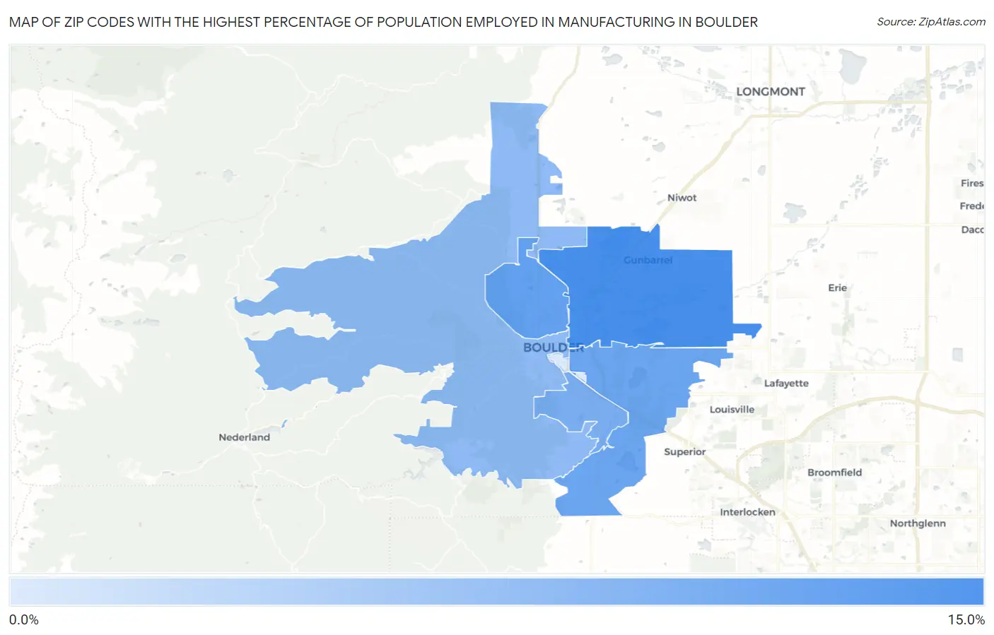 Zip Codes with the Highest Percentage of Population Employed in Manufacturing in Boulder Map