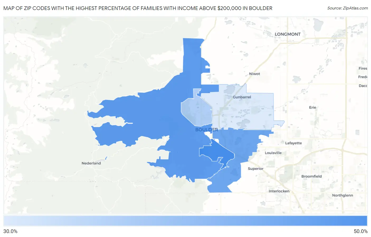 Zip Codes with the Highest Percentage of Families with Income Above $200,000 in Boulder Map