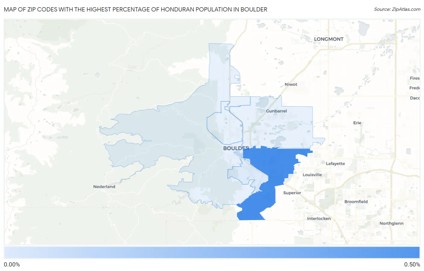 Zip Codes with the Highest Percentage of Honduran Population in Boulder Map