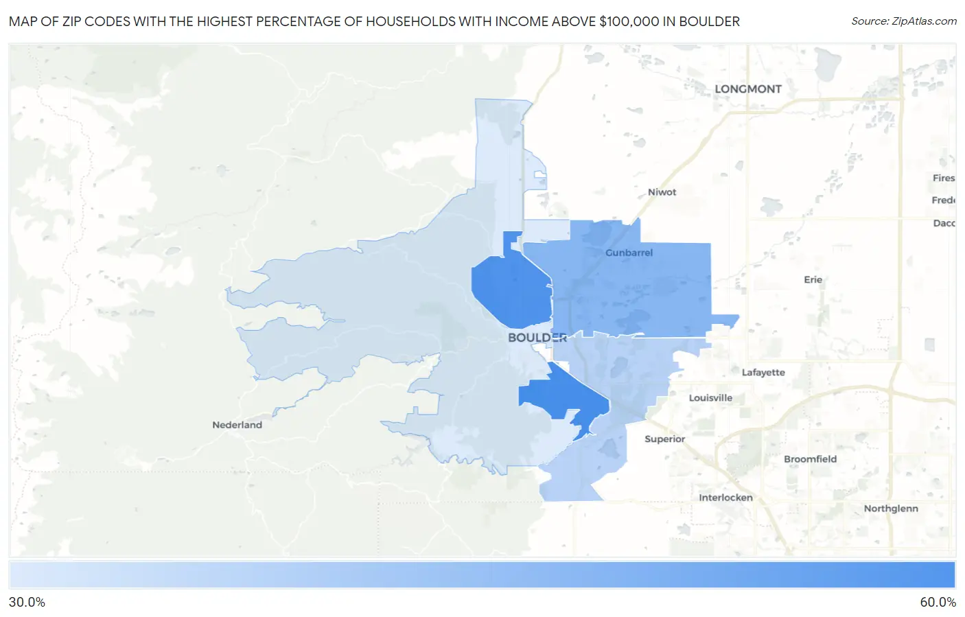 Zip Codes with the Highest Percentage of Households with Income Above $100,000 in Boulder Map