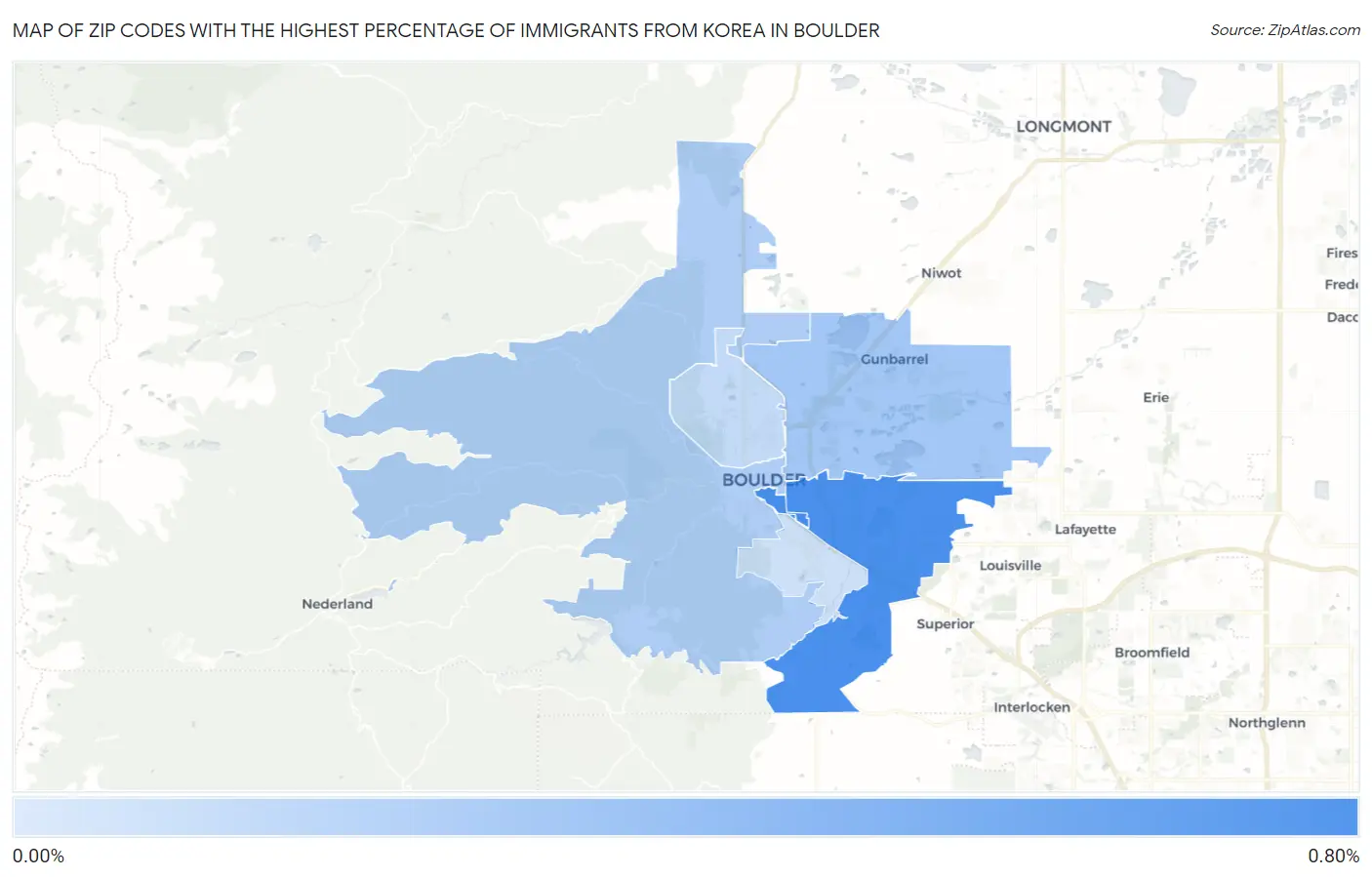 Zip Codes with the Highest Percentage of Immigrants from Korea in Boulder Map