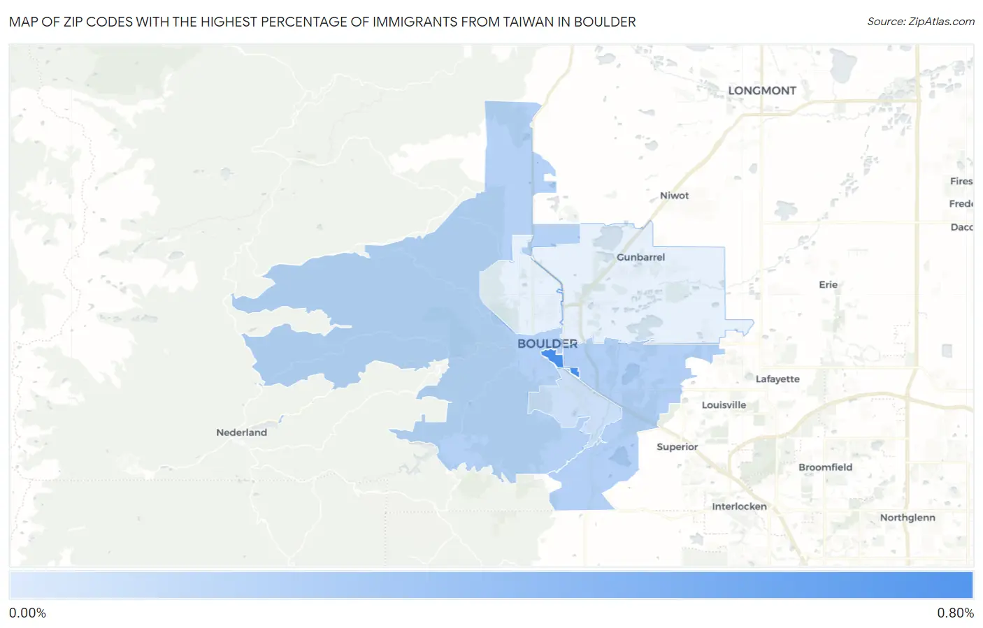 Zip Codes with the Highest Percentage of Immigrants from Taiwan in Boulder Map