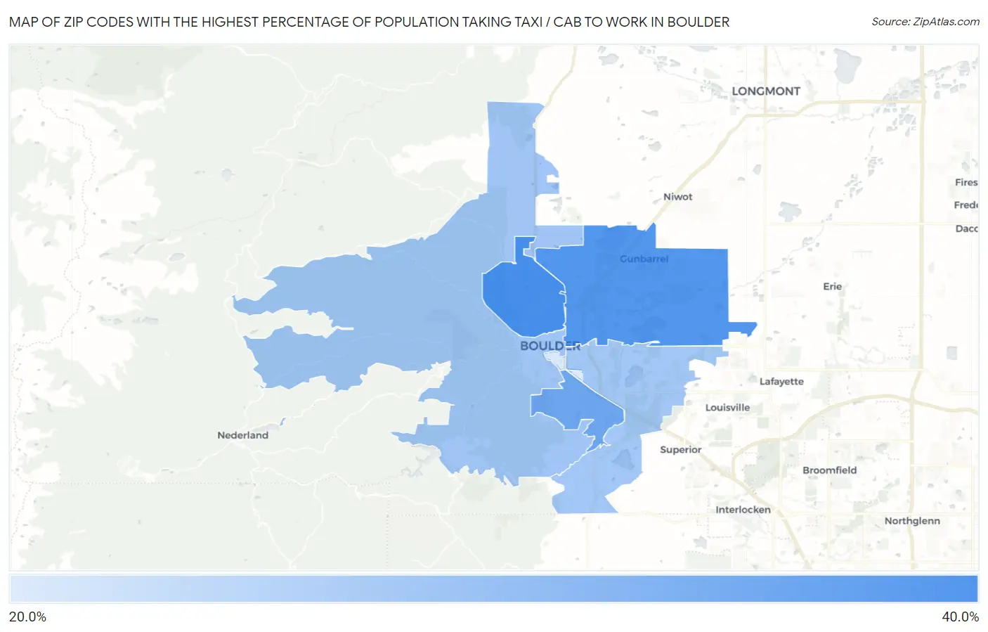 Zip Codes with the Highest Percentage of Population Taking Taxi / Cab to Work in Boulder Map