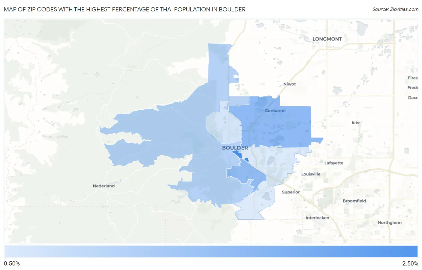 Zip Codes with the Highest Percentage of Thai Population in Boulder Map