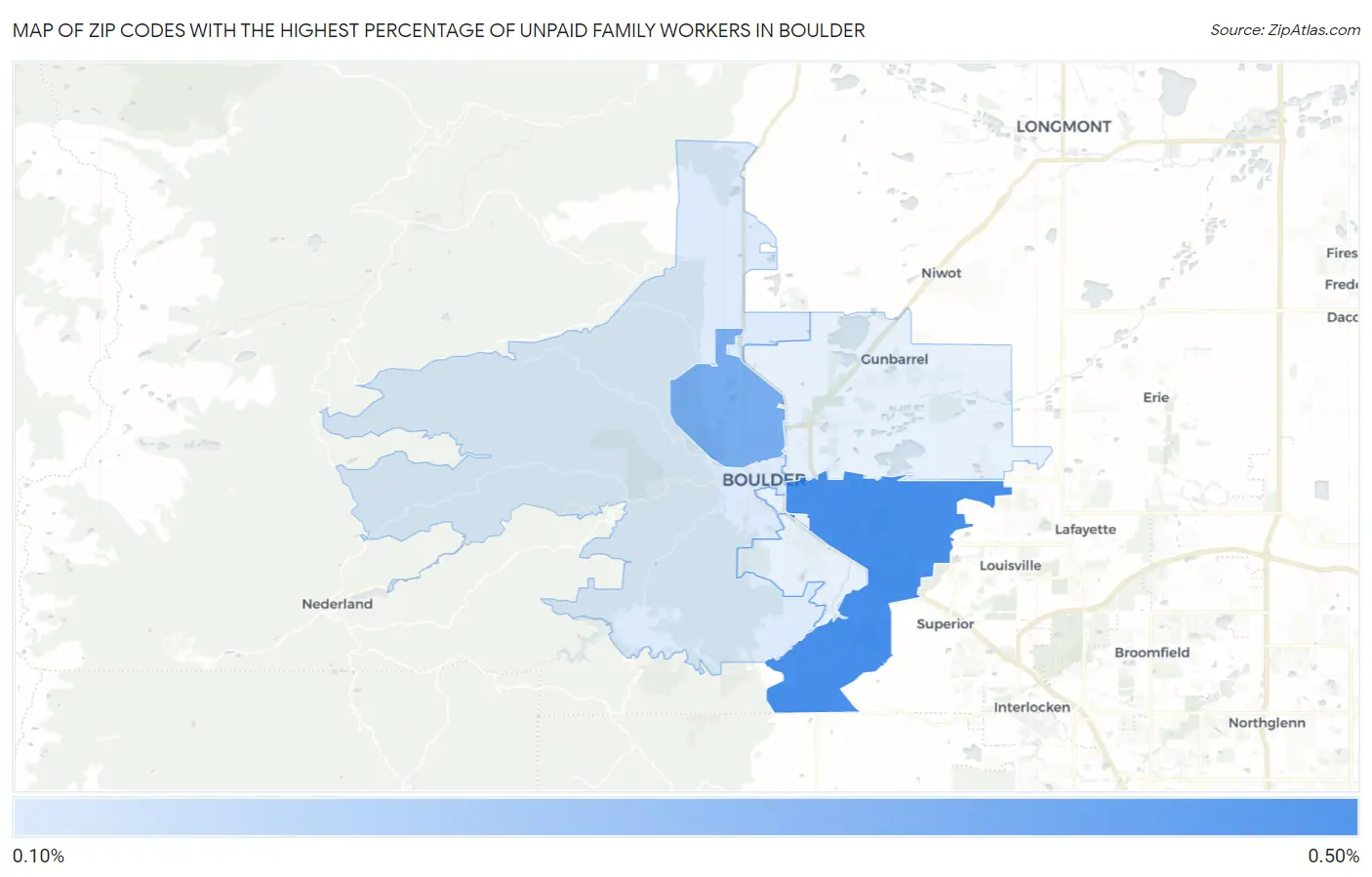 Zip Codes with the Highest Percentage of Unpaid Family Workers in Boulder Map