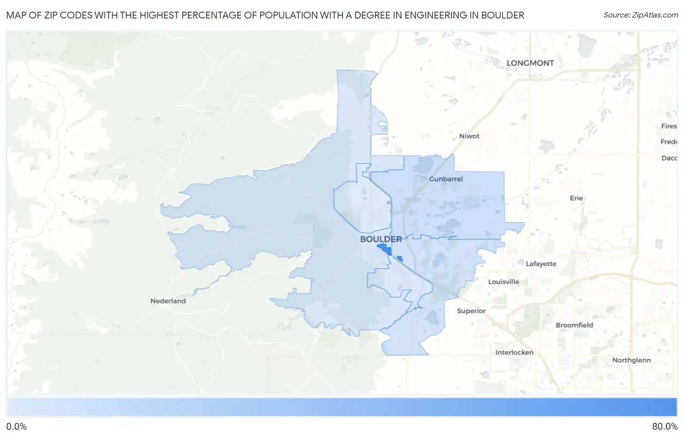 Zip Codes with the Highest Percentage of Population with a Degree in Engineering in Boulder Map