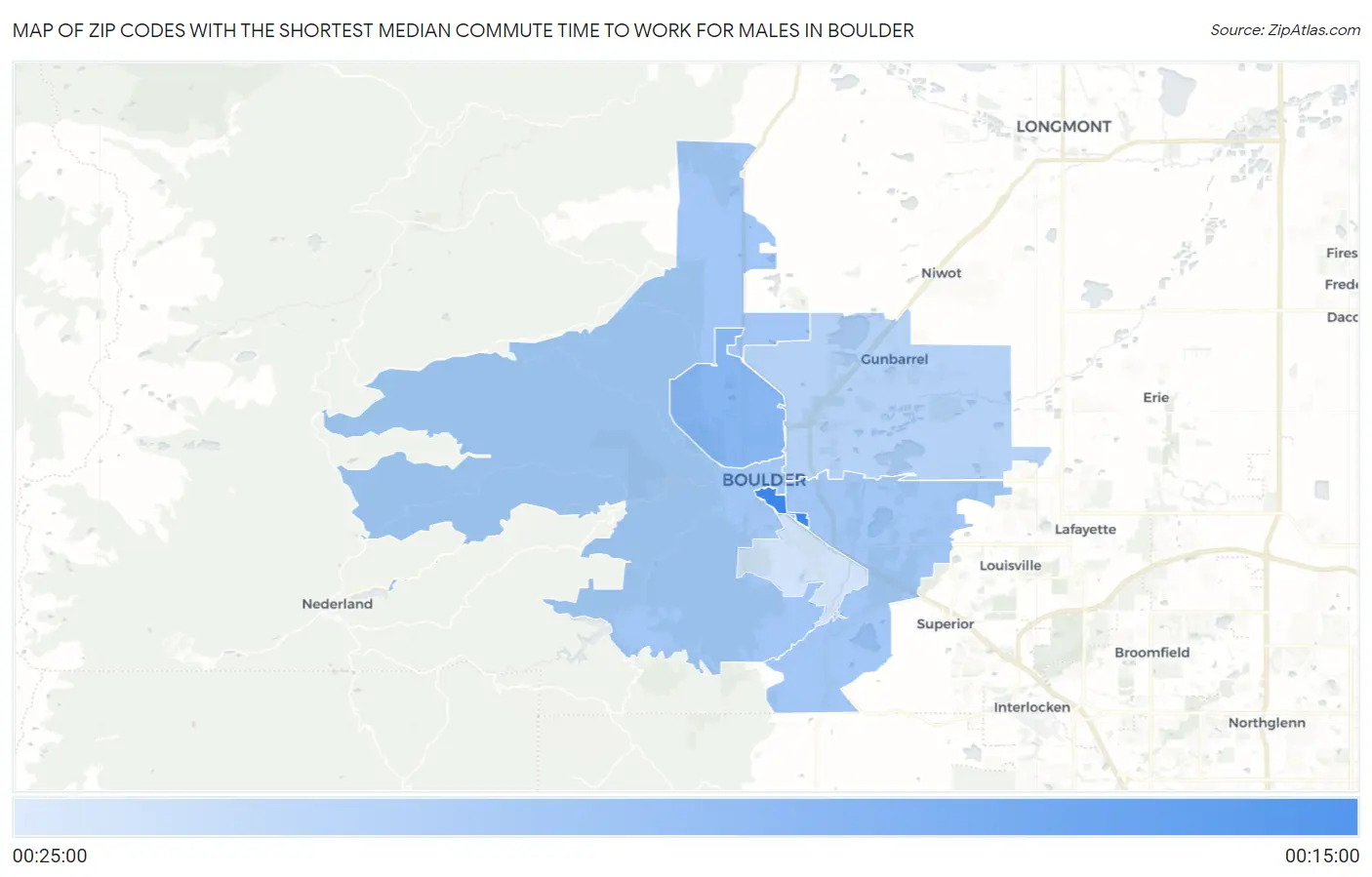 Zip Codes with the Shortest Median Commute Time to Work for Males in Boulder Map