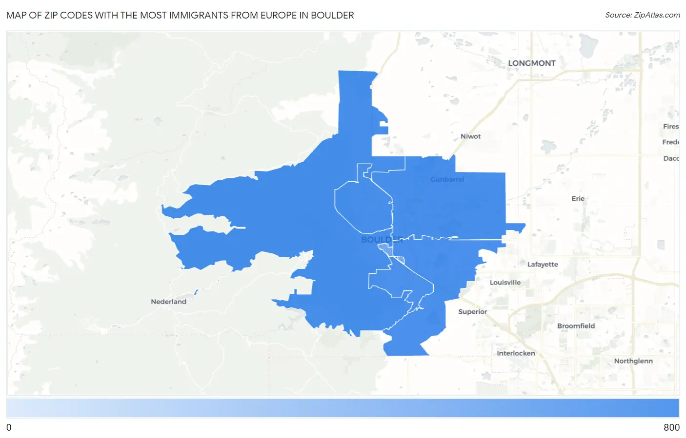 Zip Codes with the Most Immigrants from Europe in Boulder Map
