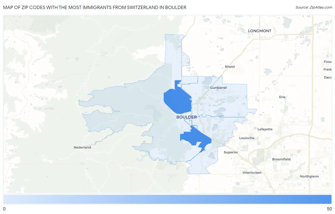 Zip Codes with the Most Immigrants from Switzerland in Boulder Map