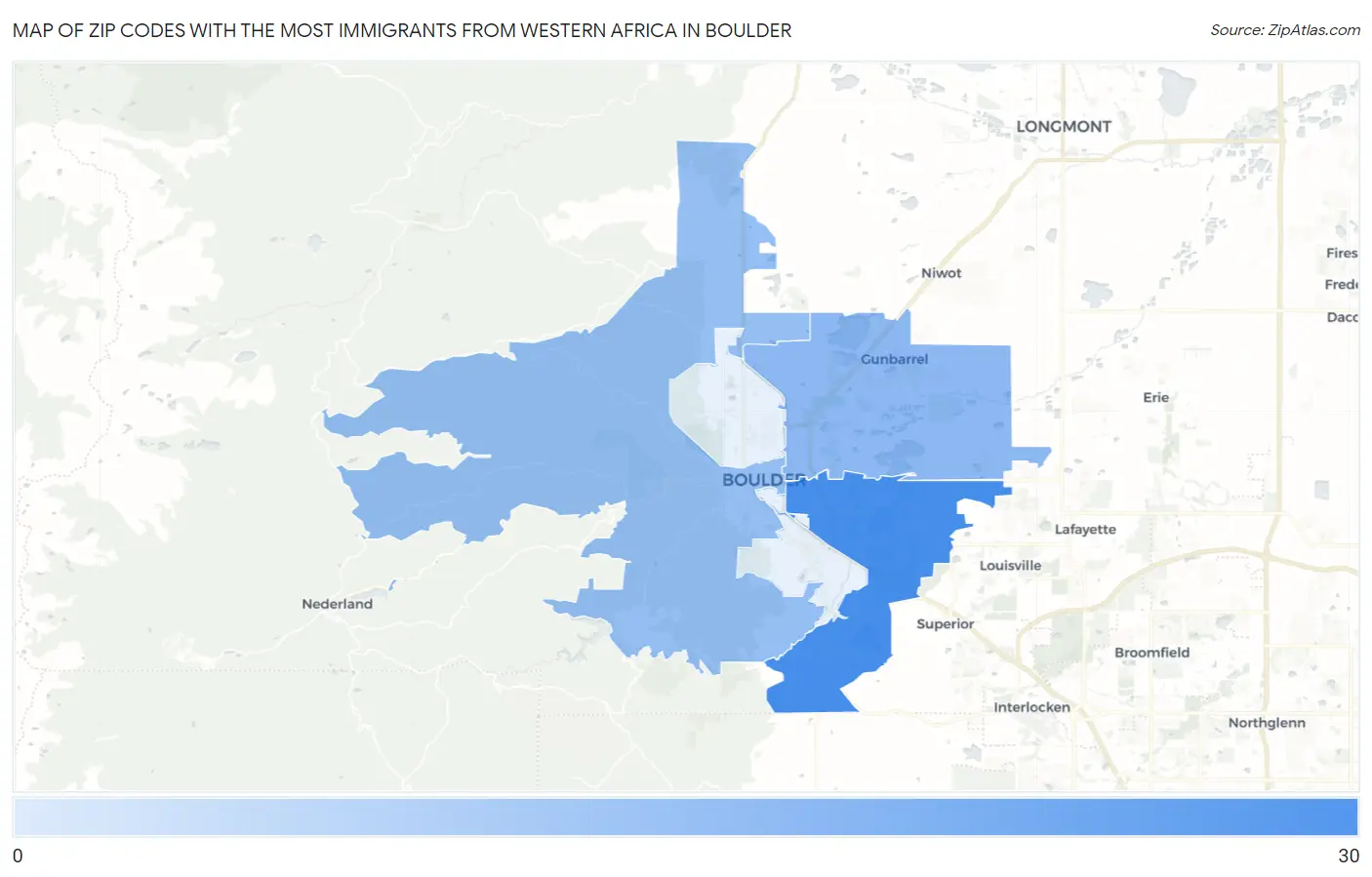 Zip Codes with the Most Immigrants from Western Africa in Boulder Map