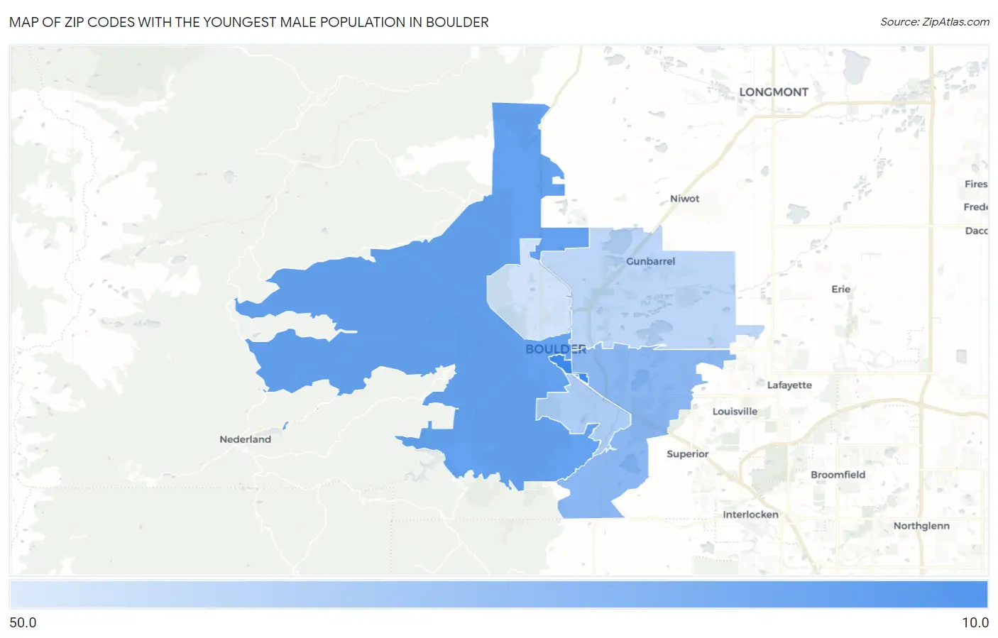 Zip Codes with the Youngest Male Population in Boulder Map