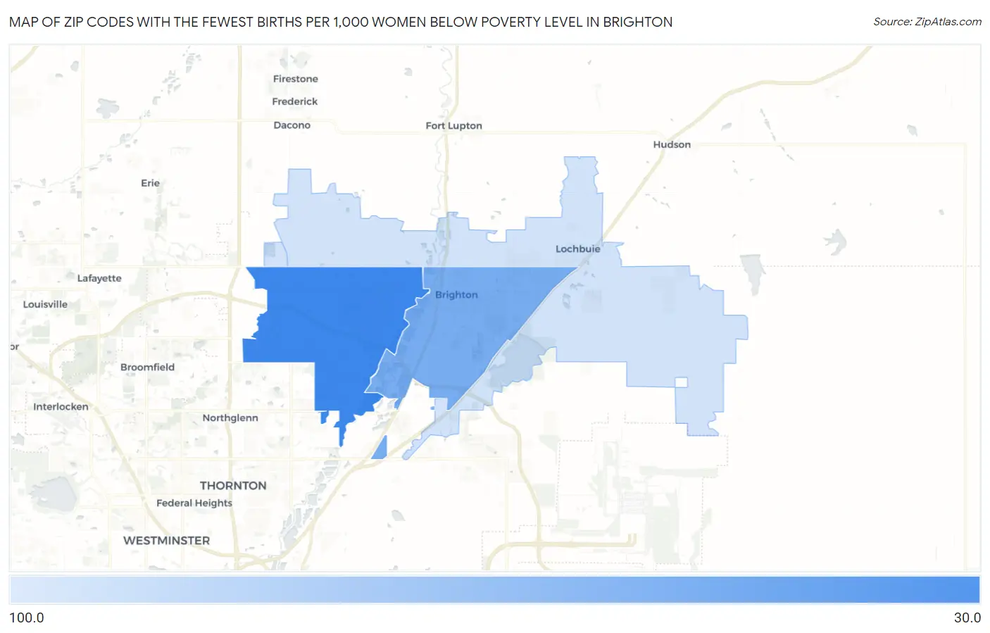 Zip Codes with the Fewest Births per 1,000 Women Below Poverty Level in Brighton Map