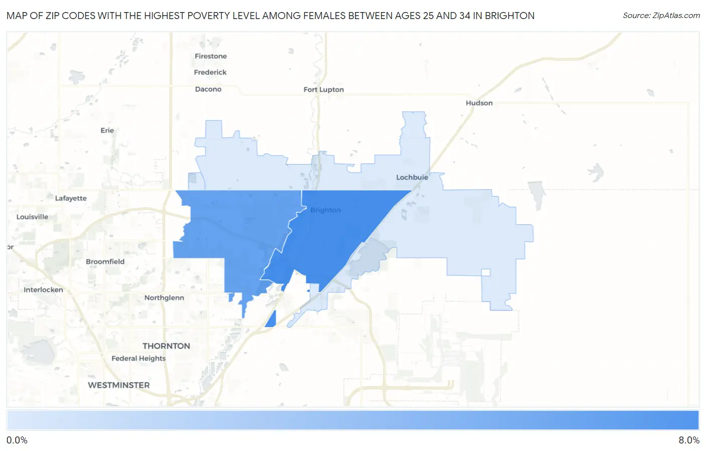 Zip Codes with the Highest Poverty Level Among Females Between Ages 25 and 34 in Brighton Map