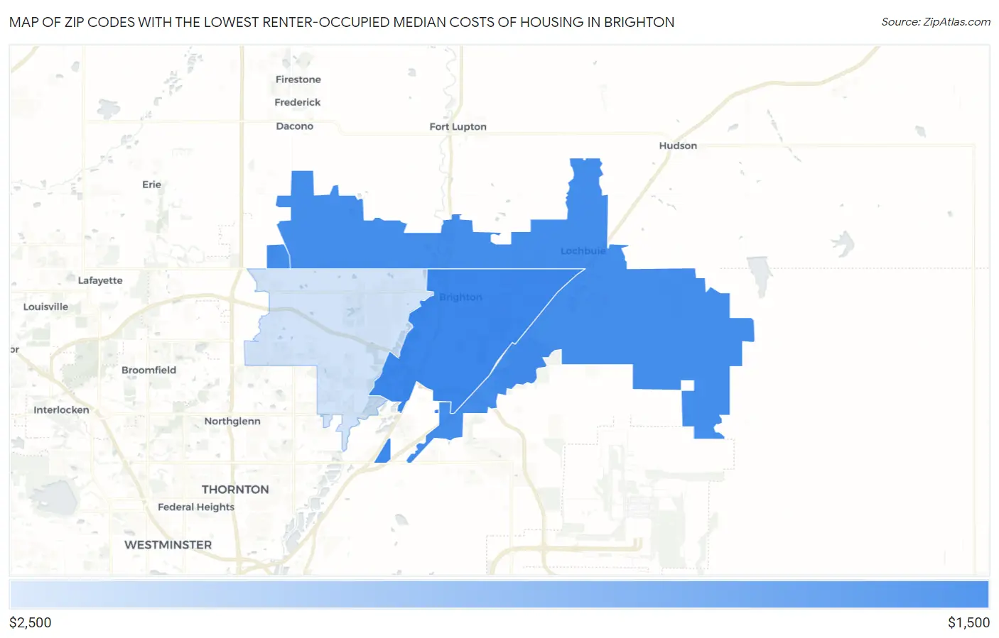Zip Codes with the Lowest Renter-Occupied Median Costs of Housing in Brighton Map