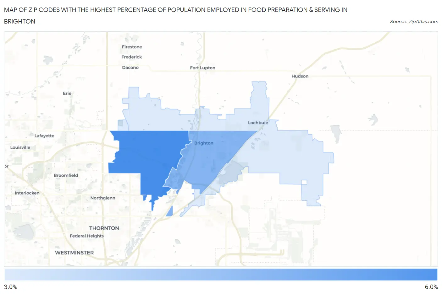 Zip Codes with the Highest Percentage of Population Employed in Food Preparation & Serving in Brighton Map