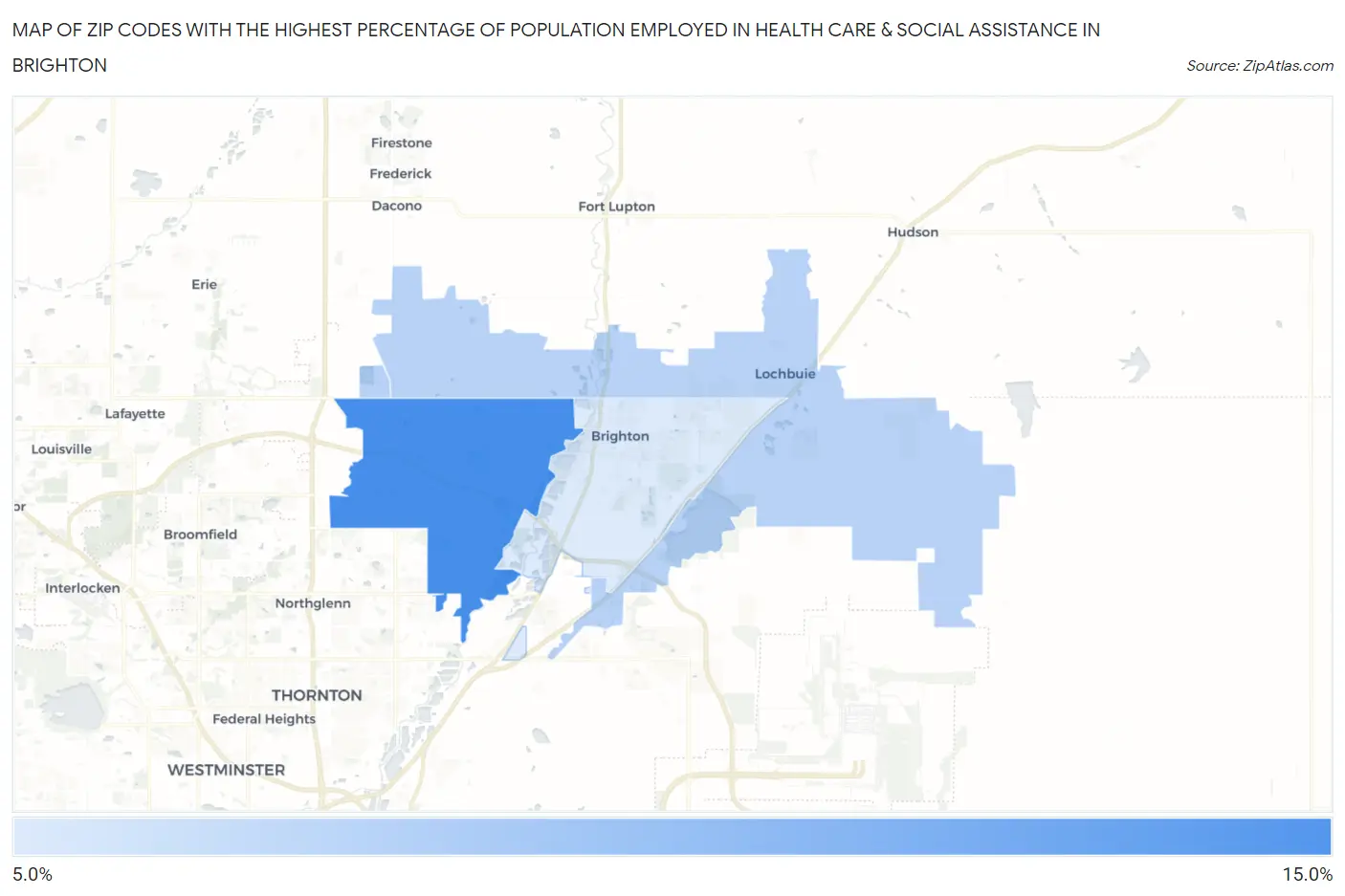 Zip Codes with the Highest Percentage of Population Employed in Health Care & Social Assistance in Brighton Map