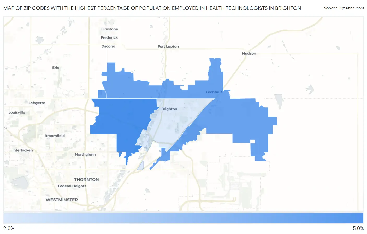 Zip Codes with the Highest Percentage of Population Employed in Health Technologists in Brighton Map