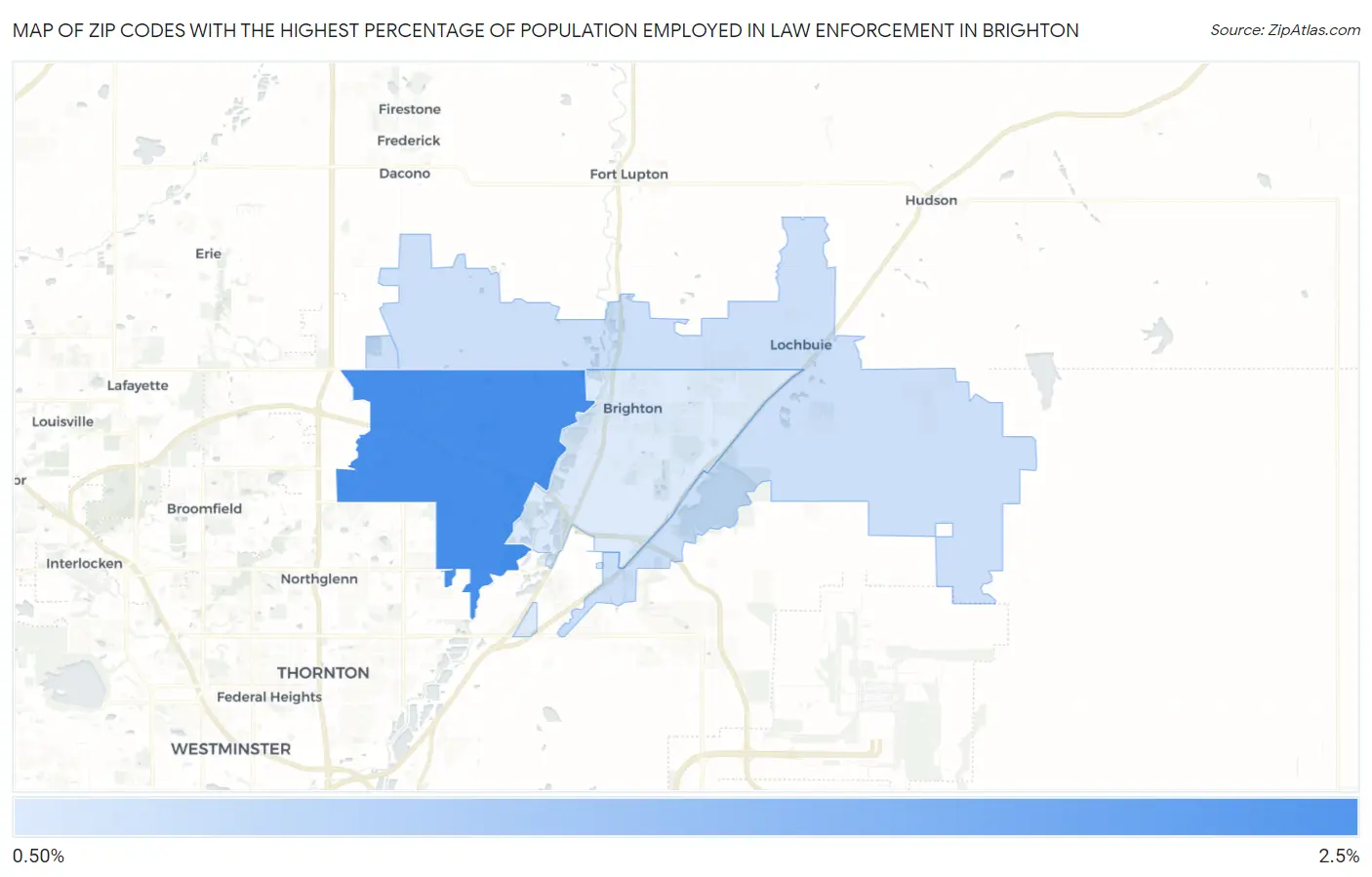 Zip Codes with the Highest Percentage of Population Employed in Law Enforcement in Brighton Map