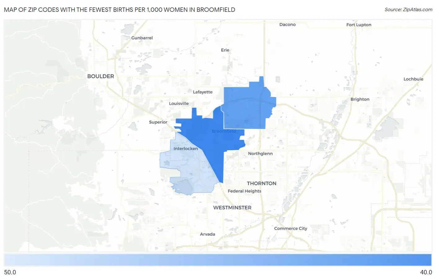 Zip Codes with the Fewest Births per 1,000 Women in Broomfield Map