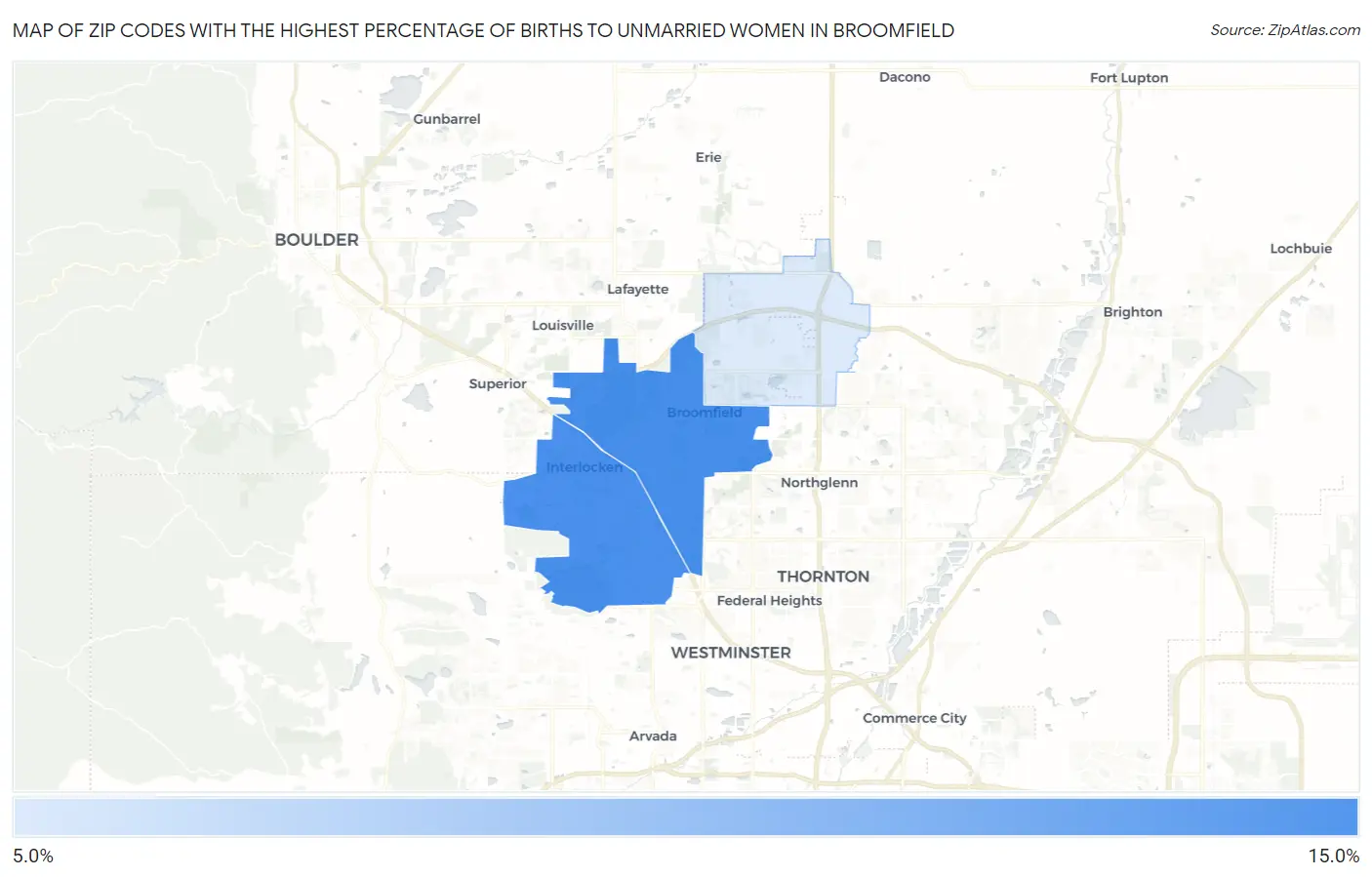 Zip Codes with the Highest Percentage of Births to Unmarried Women in Broomfield Map