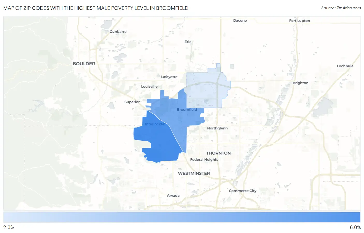 Zip Codes with the Highest Male Poverty Level in Broomfield Map