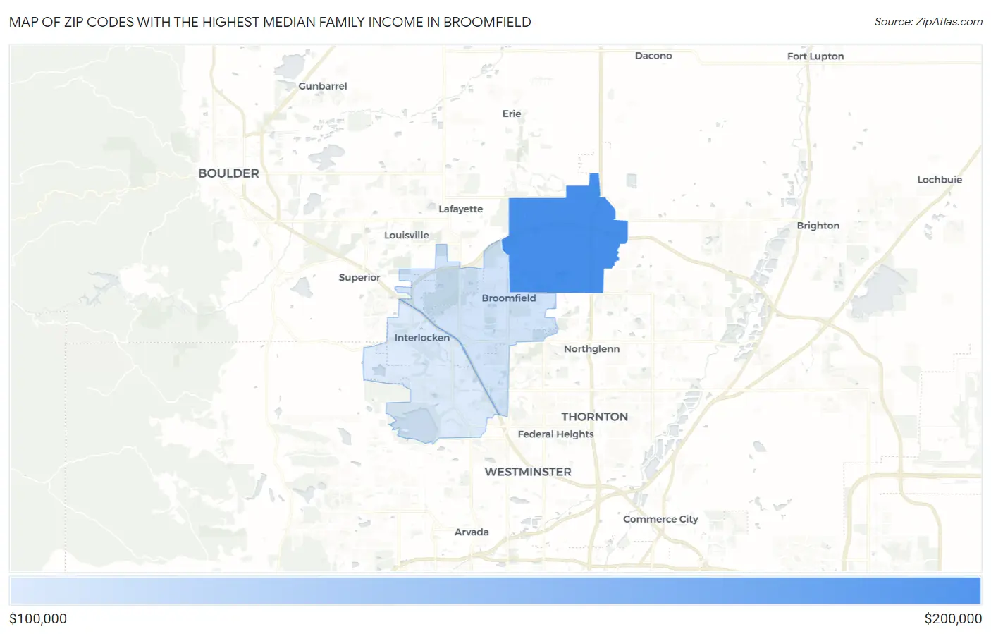 Zip Codes with the Highest Median Family Income in Broomfield Map