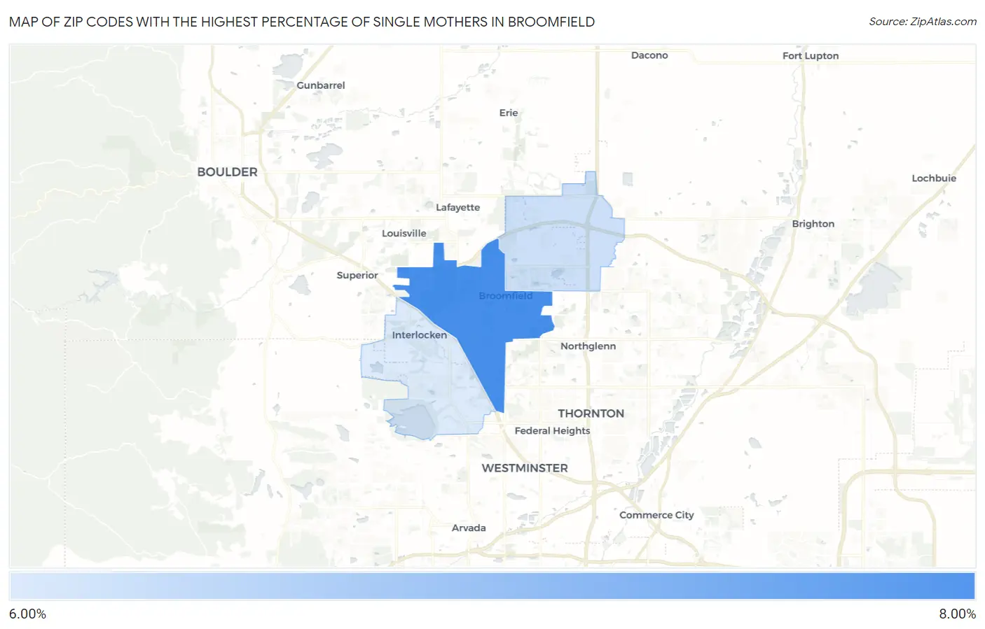 Zip Codes with the Highest Percentage of Single Mothers in Broomfield Map