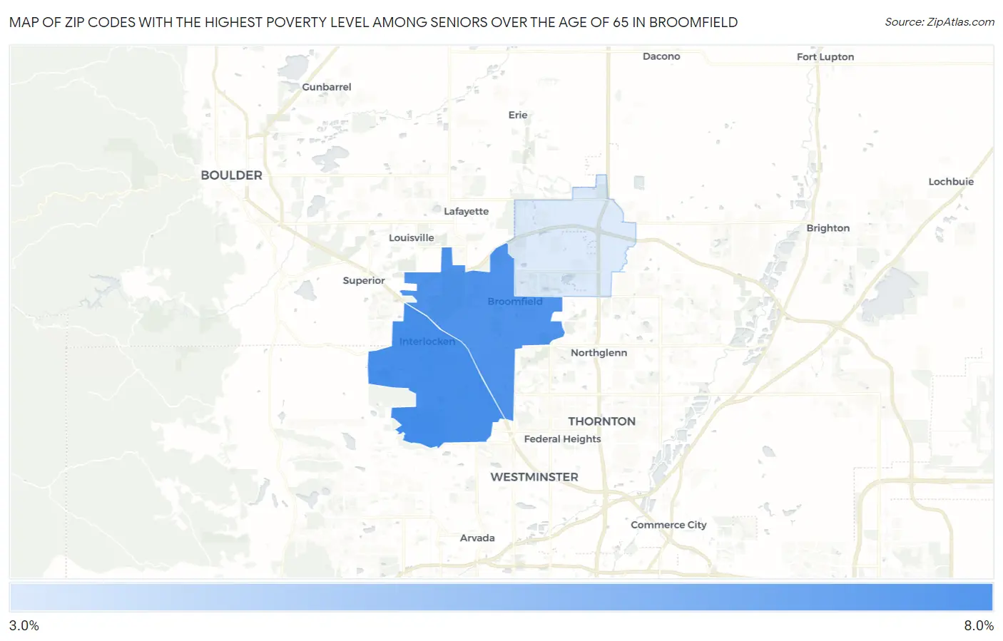 Zip Codes with the Highest Poverty Level Among Seniors Over the Age of 65 in Broomfield Map