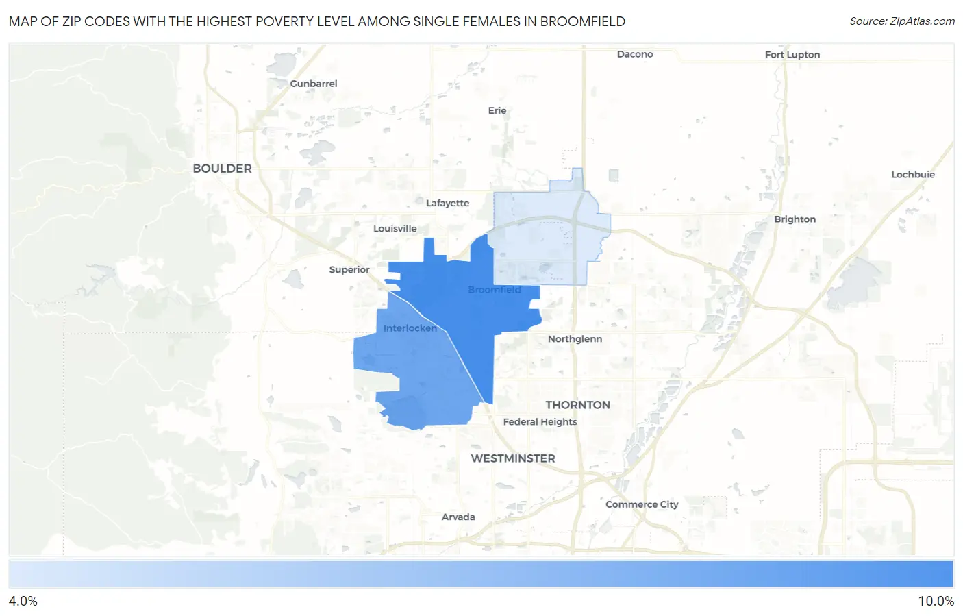 Zip Codes with the Highest Poverty Level Among Single Females in Broomfield Map