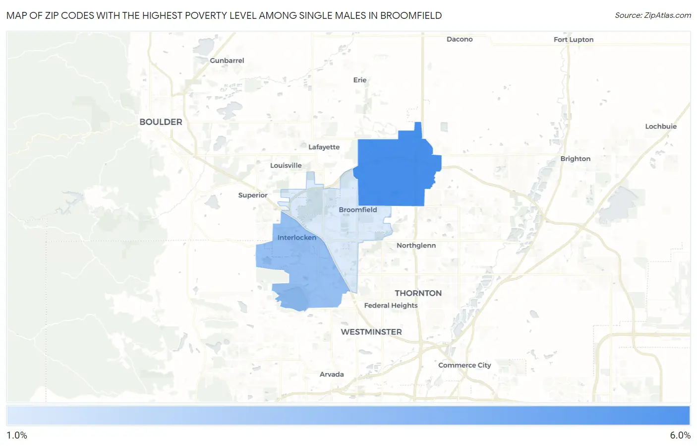 Zip Codes with the Highest Poverty Level Among Single Males in Broomfield Map