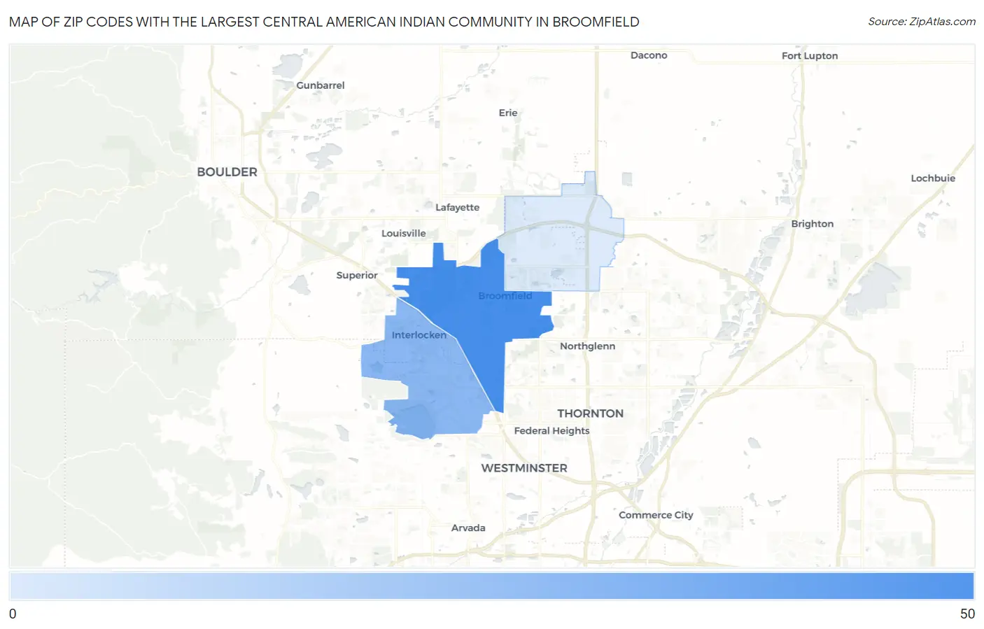 Zip Codes with the Largest Central American Indian Community in Broomfield Map