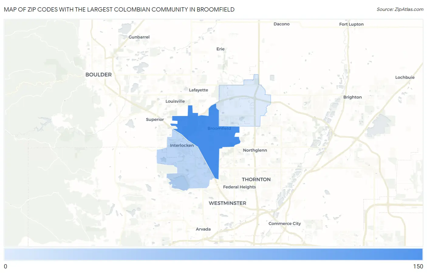 Zip Codes with the Largest Colombian Community in Broomfield Map