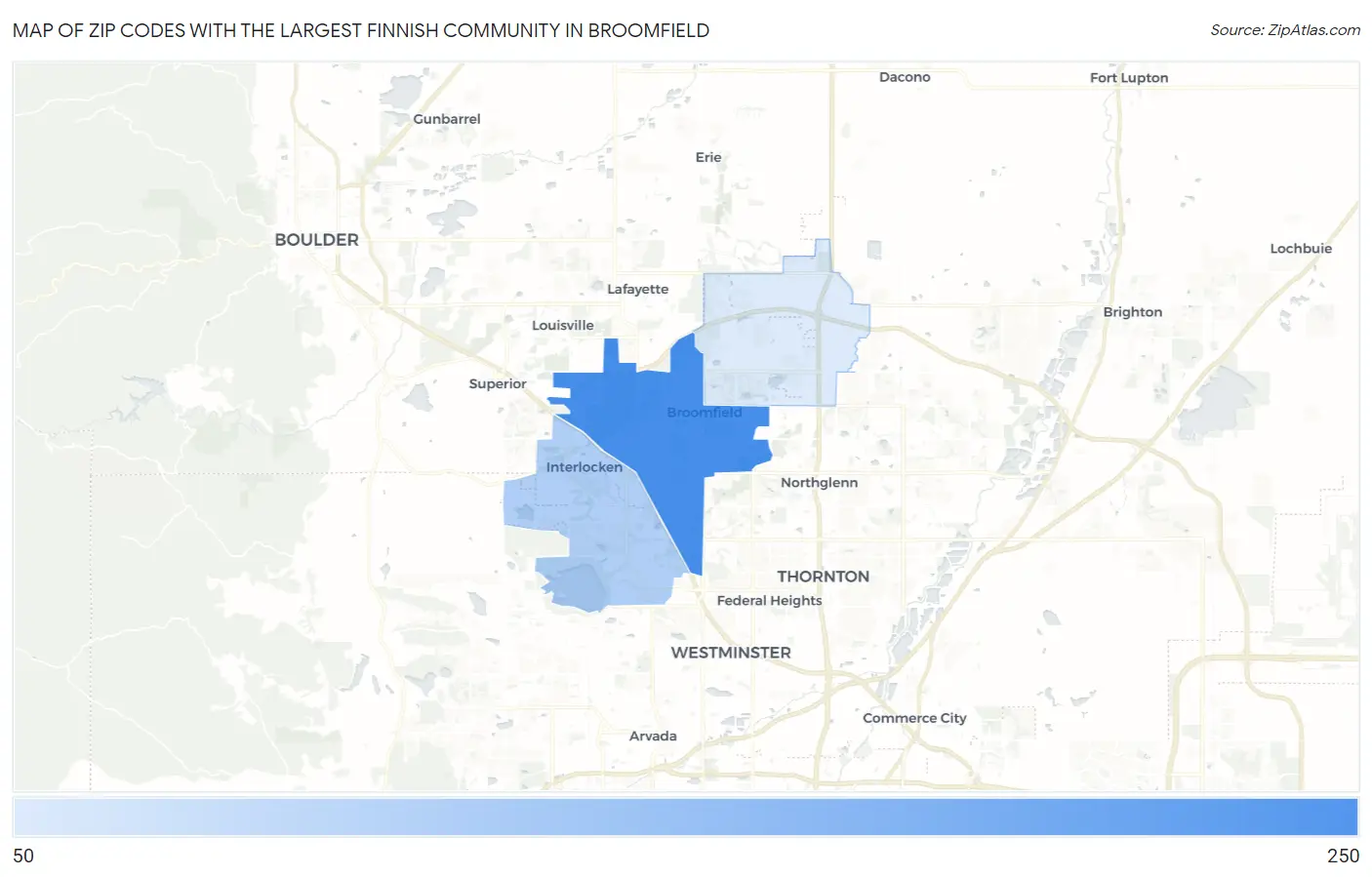 Zip Codes with the Largest Finnish Community in Broomfield Map