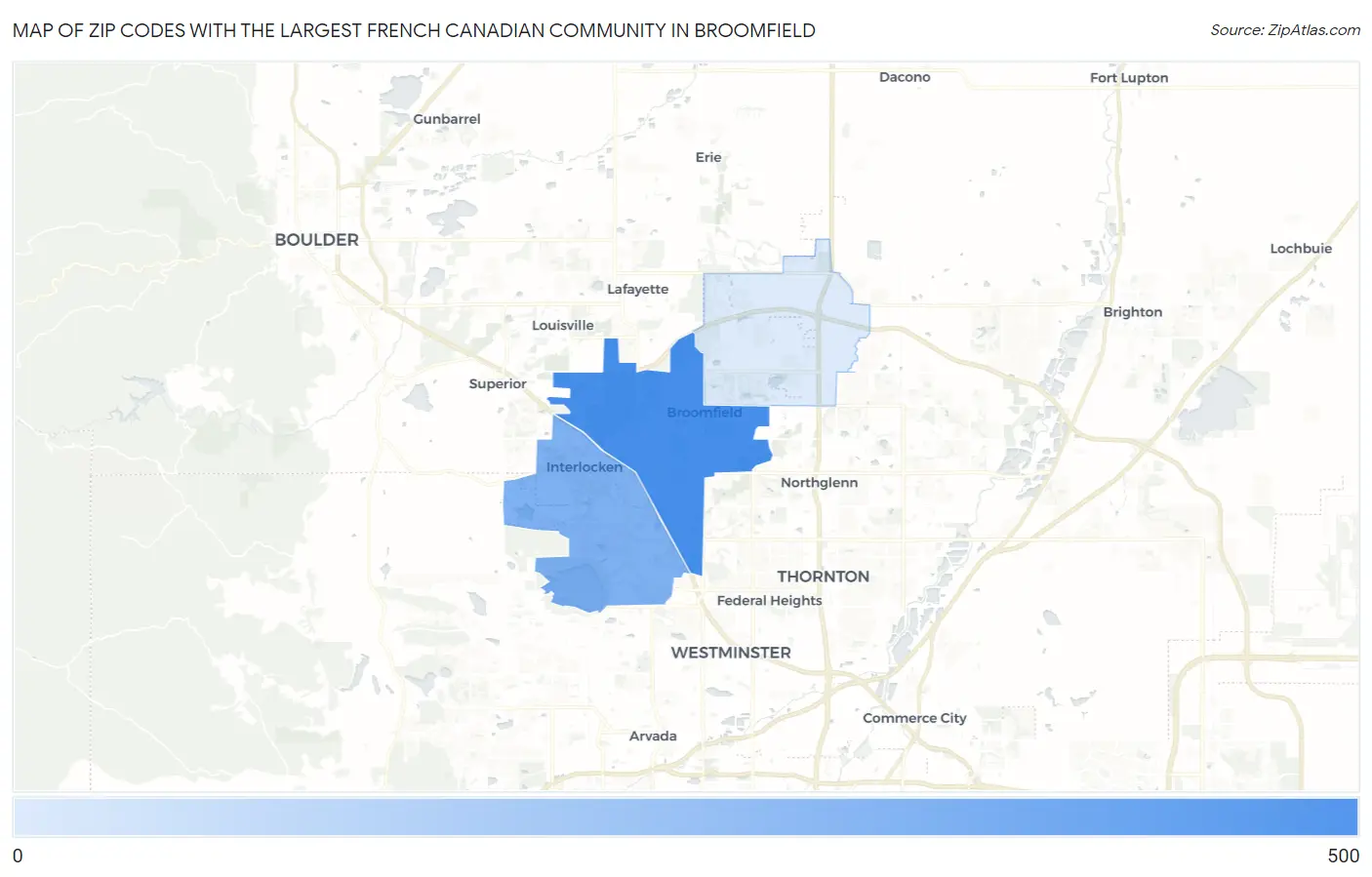 Zip Codes with the Largest French Canadian Community in Broomfield Map