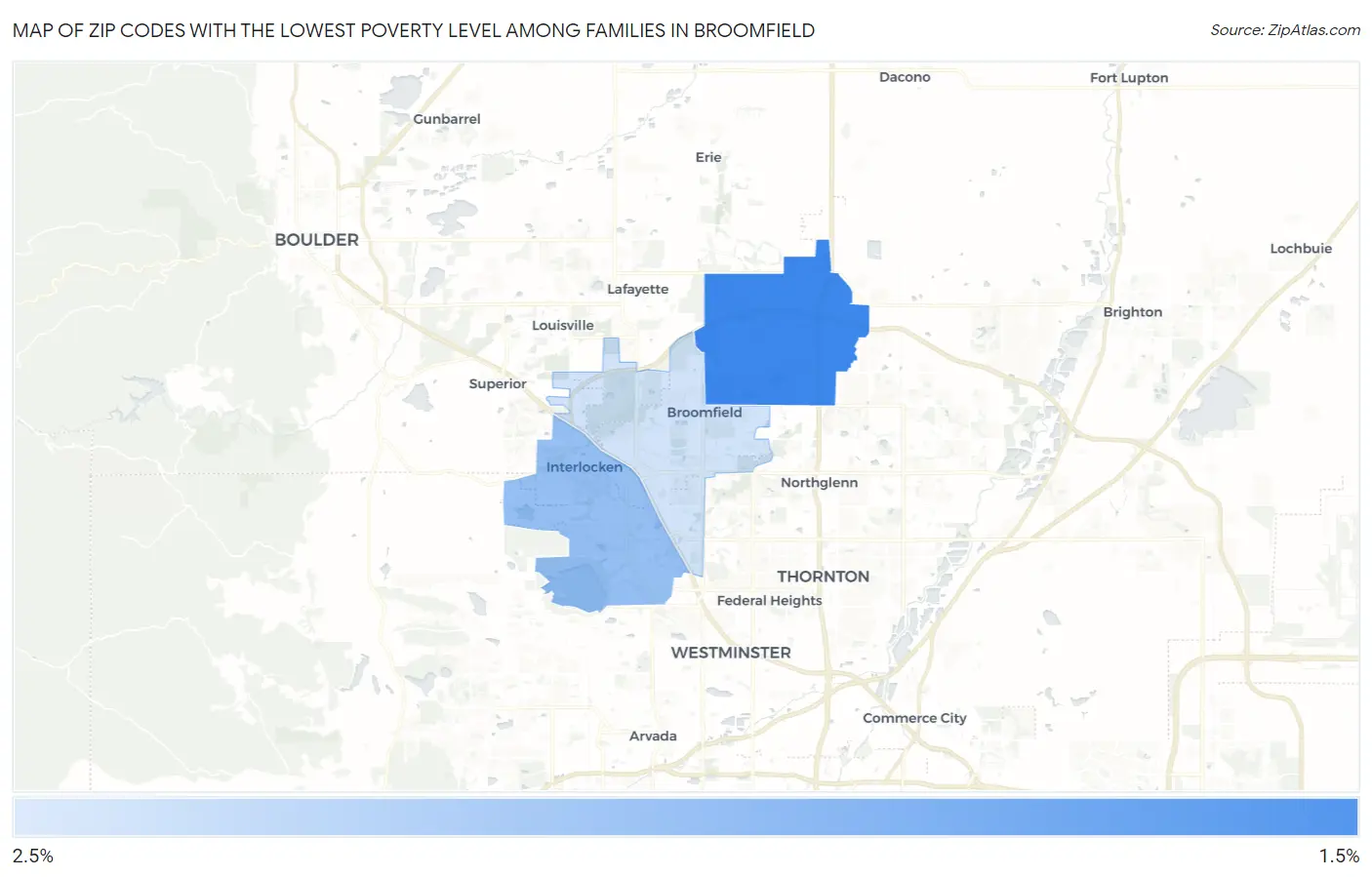 Zip Codes with the Lowest Poverty Level Among Families in Broomfield Map