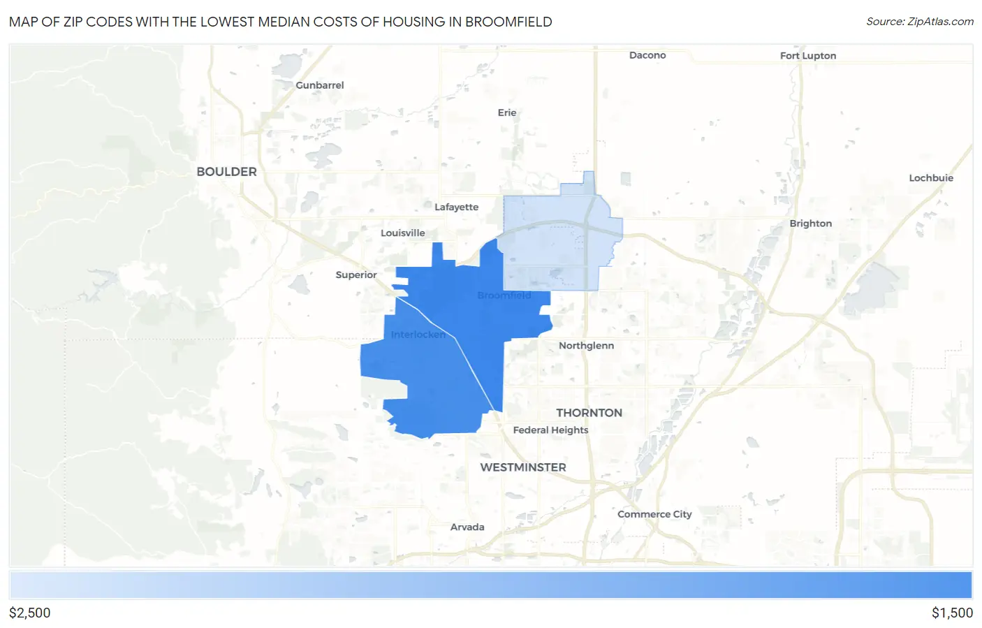 Zip Codes with the Lowest Median Costs of Housing in Broomfield Map