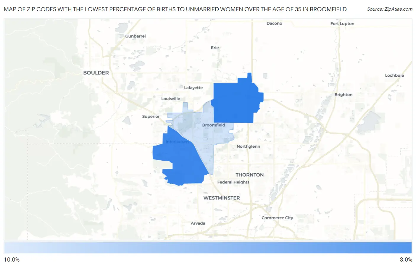 Zip Codes with the Lowest Percentage of Births to Unmarried Women over the Age of 35 in Broomfield Map