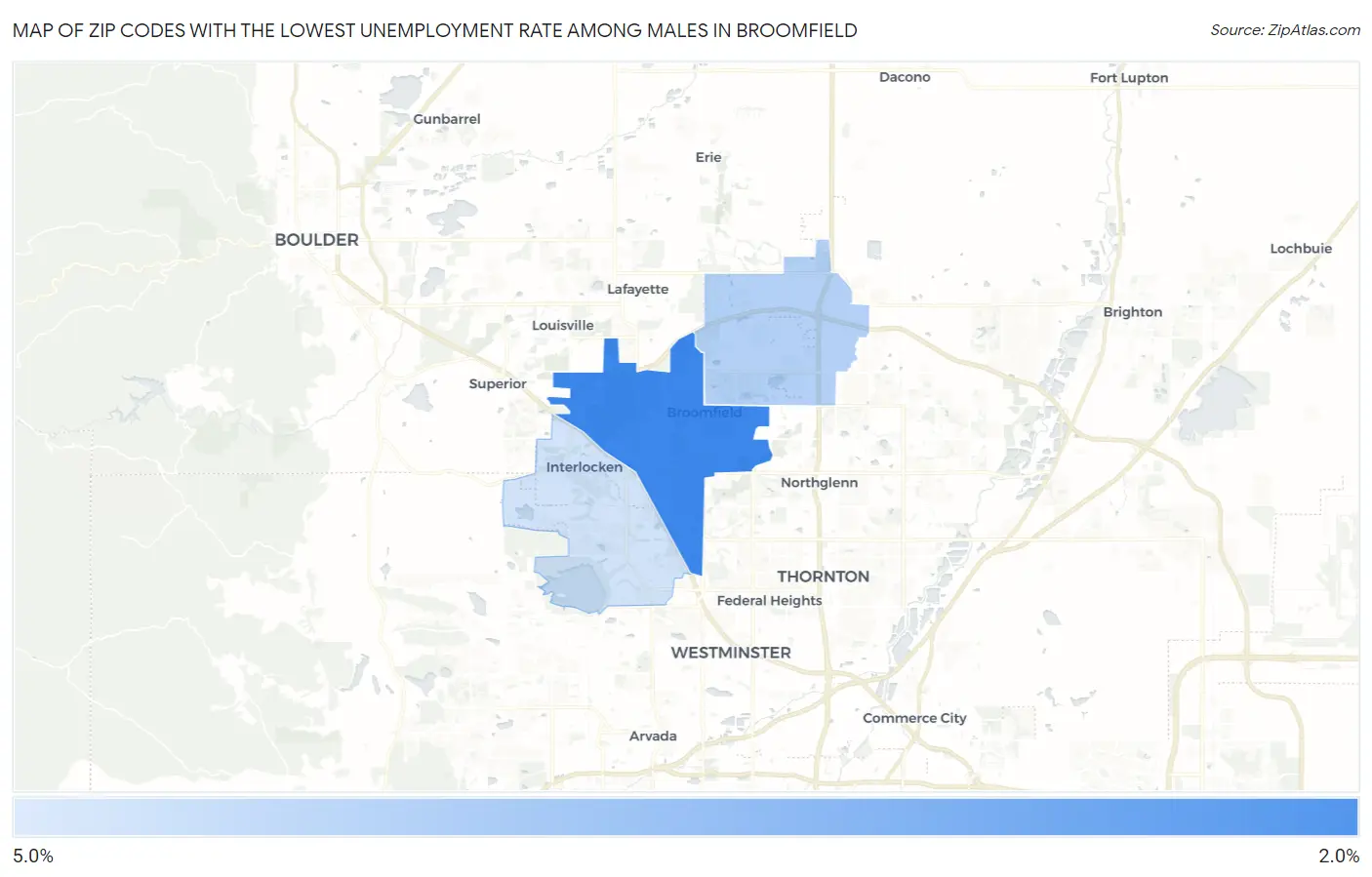 Zip Codes with the Lowest Unemployment Rate Among Males in Broomfield Map