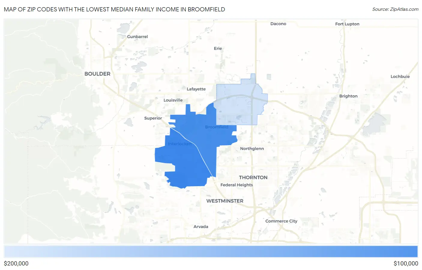 Zip Codes with the Lowest Median Family Income in Broomfield Map