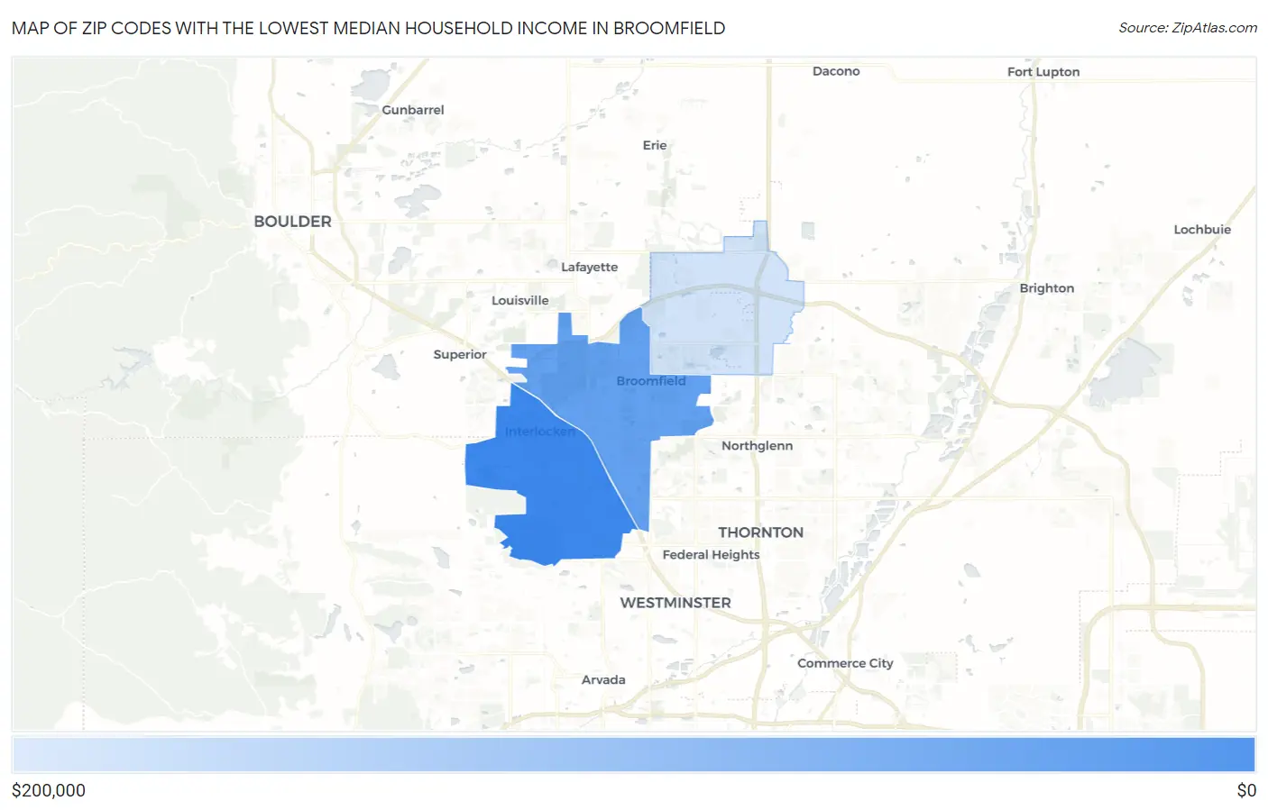 Zip Codes with the Lowest Median Household Income in Broomfield Map