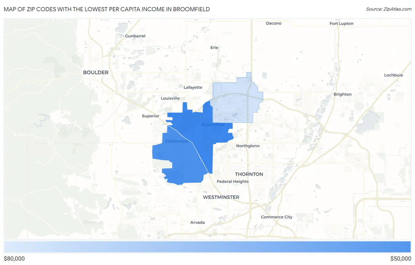 Zip Codes with the Lowest Per Capita Income in Broomfield Map