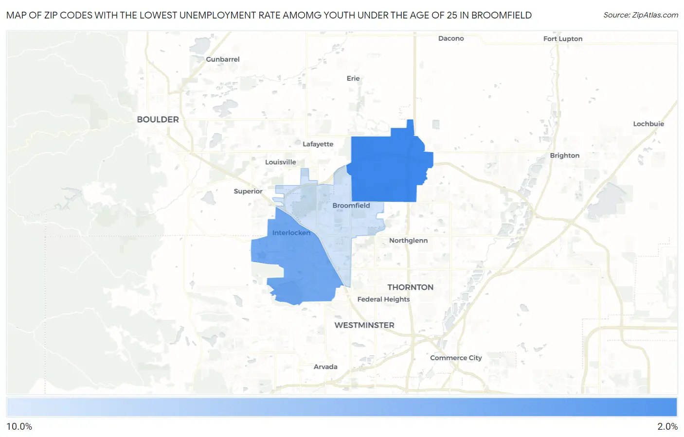 Zip Codes with the Lowest Unemployment Rate Amomg Youth Under the Age of 25 in Broomfield Map