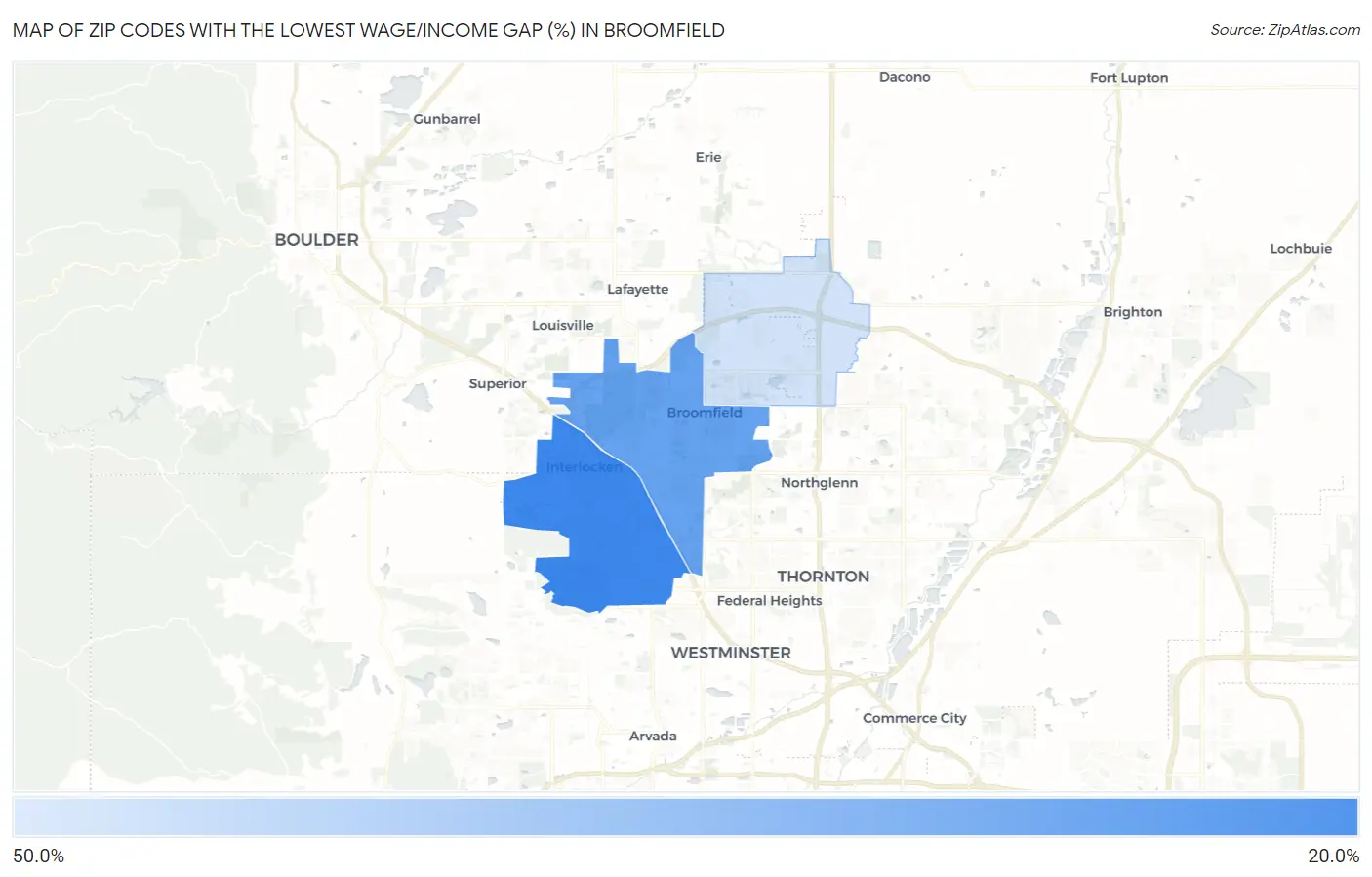 Zip Codes with the Lowest Wage/Income Gap (%) in Broomfield Map