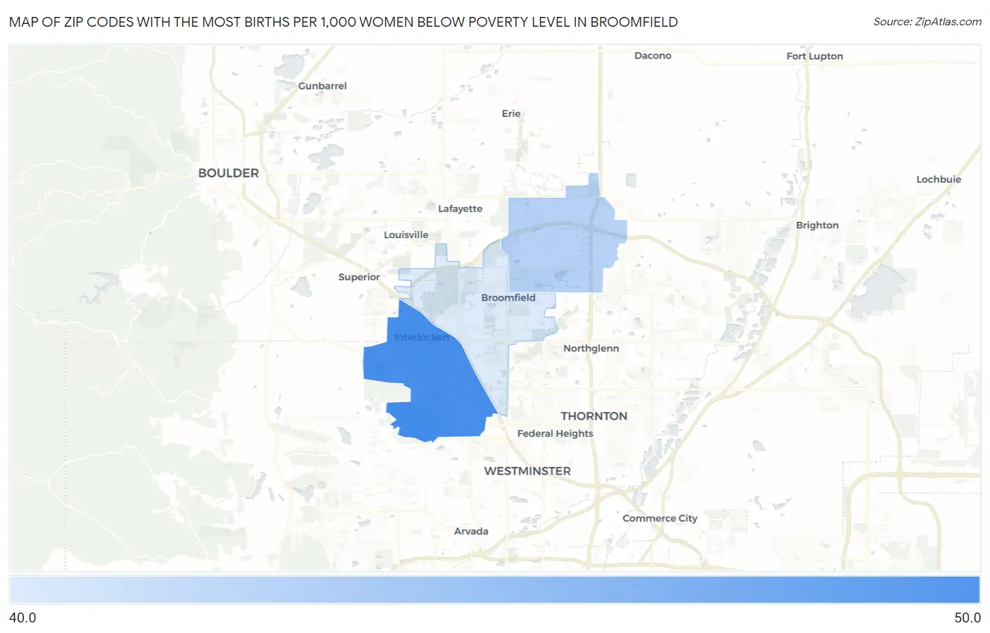 Zip Codes with the Most Births per 1,000 Women Below Poverty Level in Broomfield Map