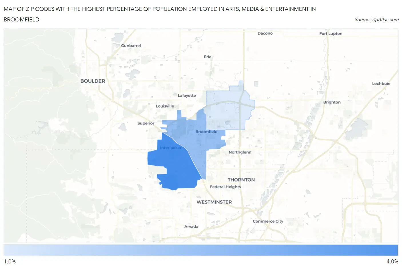 Zip Codes with the Highest Percentage of Population Employed in Arts, Media & Entertainment in Broomfield Map