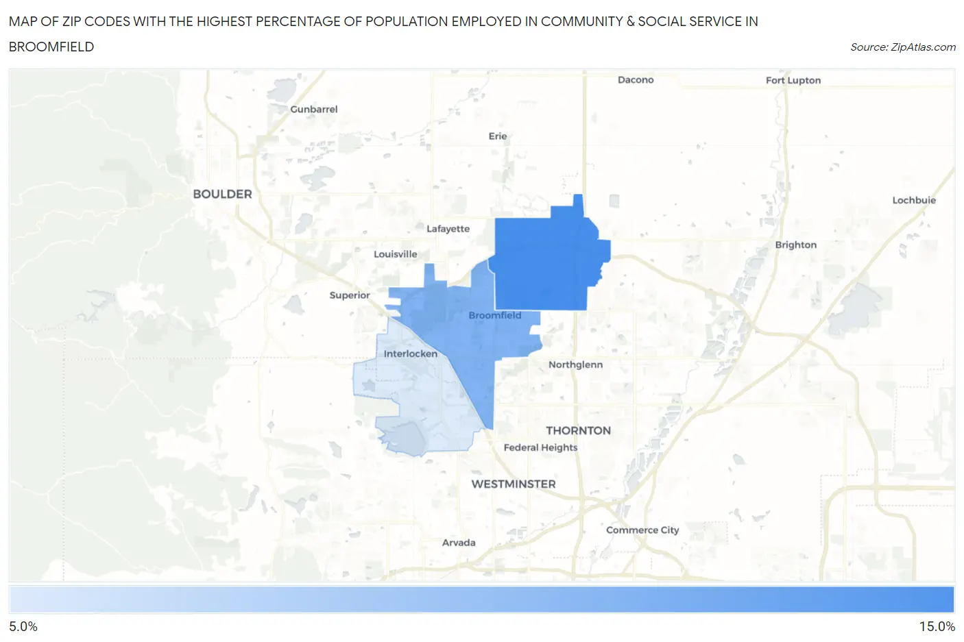 Zip Codes with the Highest Percentage of Population Employed in Community & Social Service  in Broomfield Map
