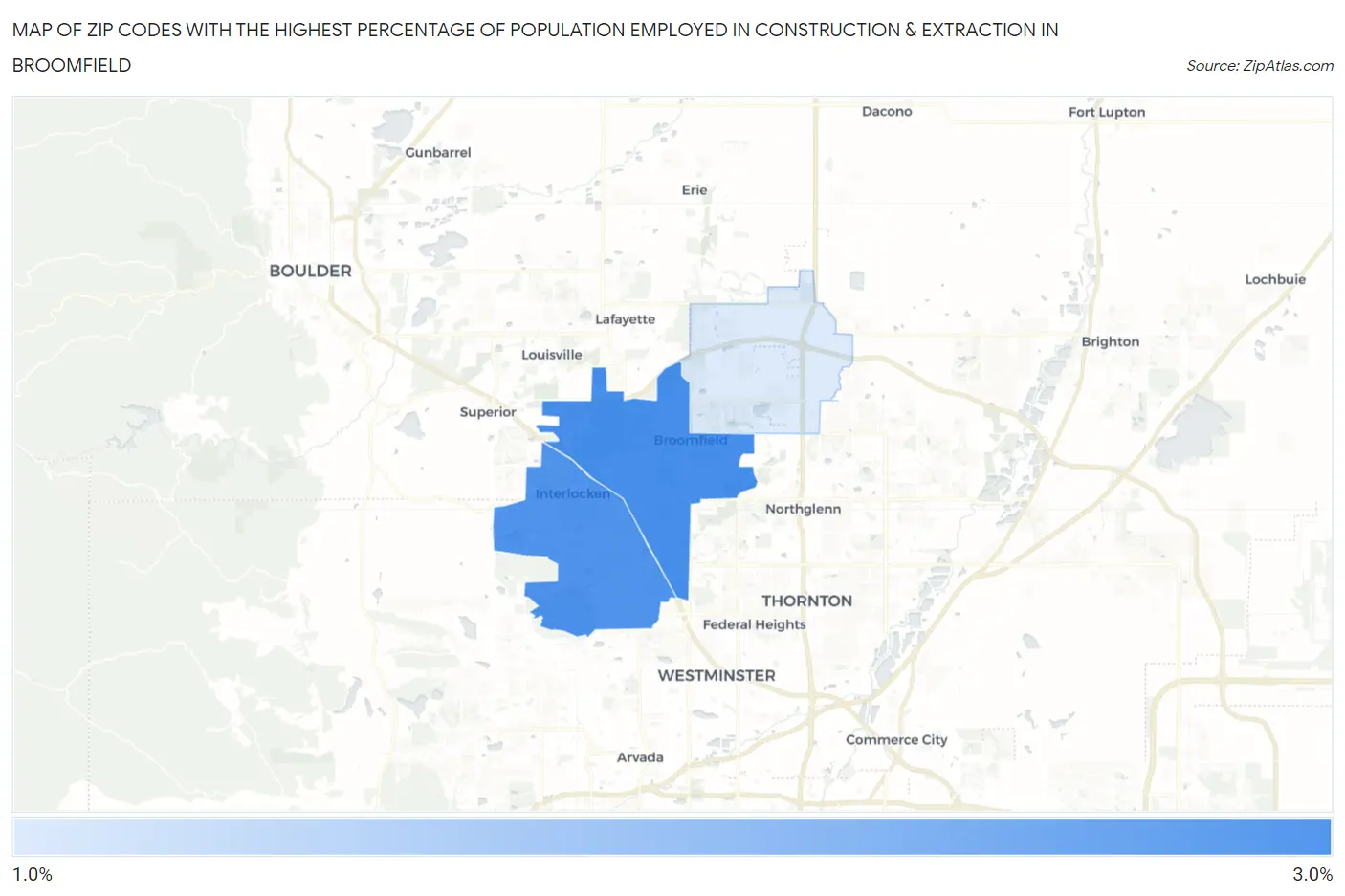 Zip Codes with the Highest Percentage of Population Employed in Construction & Extraction in Broomfield Map