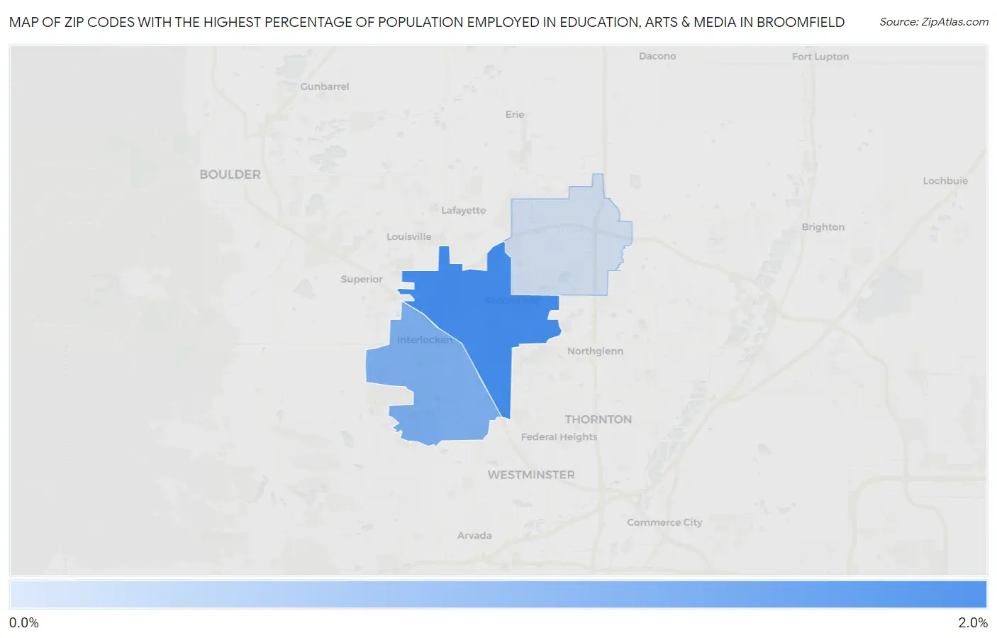 Zip Codes with the Highest Percentage of Population Employed in Education, Arts & Media in Broomfield Map