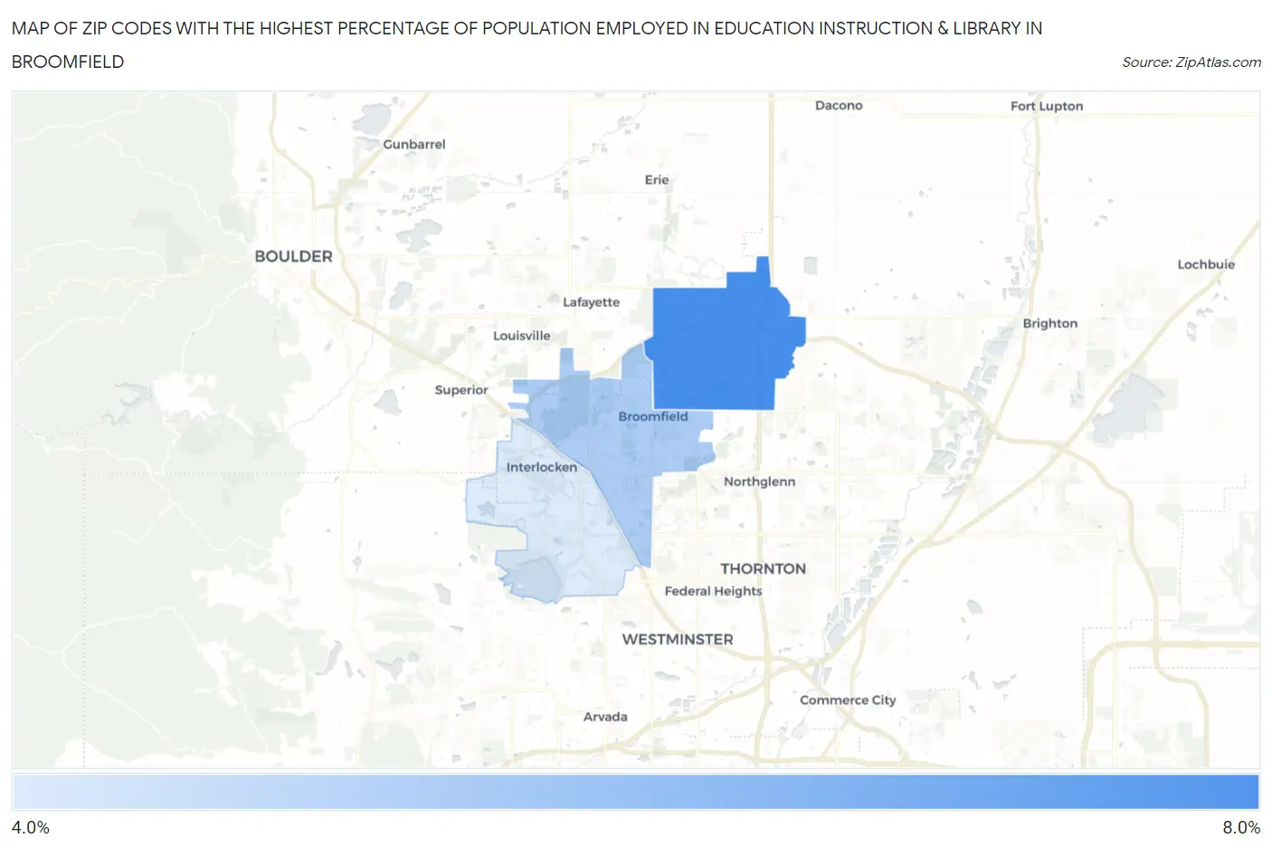 Zip Codes with the Highest Percentage of Population Employed in Education Instruction & Library in Broomfield Map
